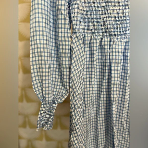 Blue/White Plaid Long Ruffle Sleeve Mini Dress - Picture 3 of 11